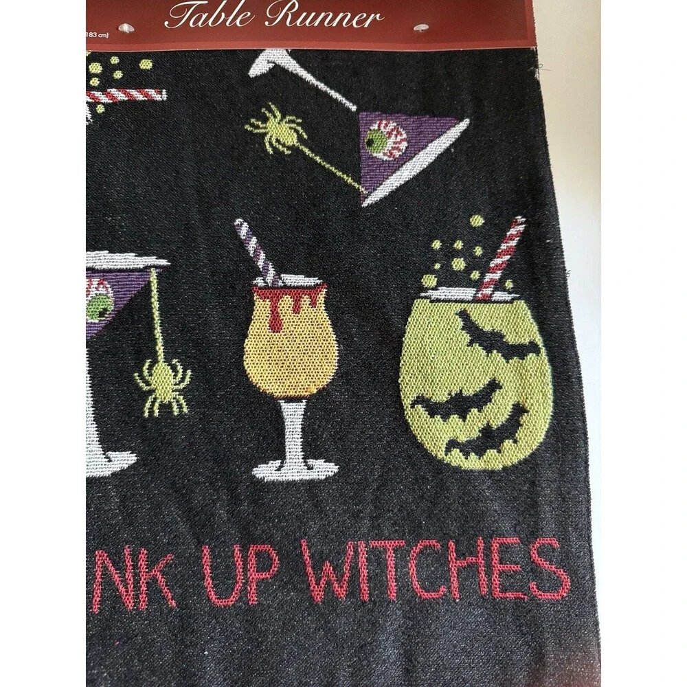 Halloween Tapestry Table Runner Drink Up Witches Cocktails Spiders Bats 13x72